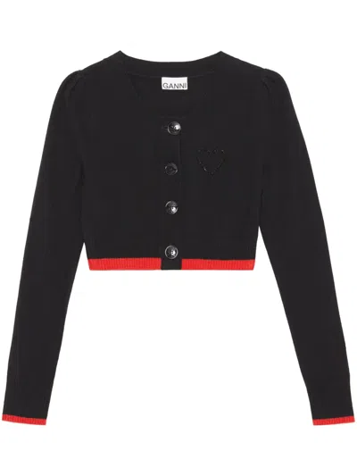 Ganni Long Sleeve O-neck Cropped Cardigan In Black