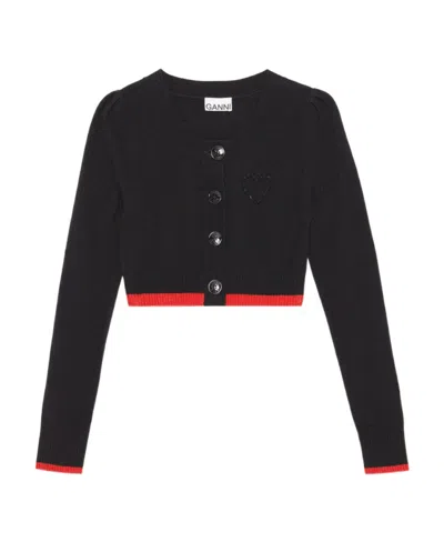 Ganni Long Sleeve O-neck Cropped Cardigan In Black