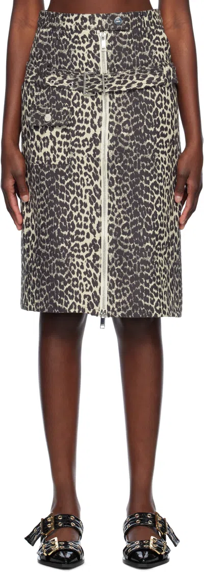 GANNI BEIGE & BLACK COTTON TWEED MIDI SKIRT
