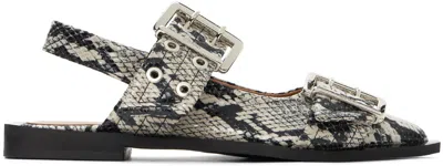 GANNI BEIGE & BLACK SNAKE PRINTED CHUNKY BUCKLE BALLERINA FLATS
