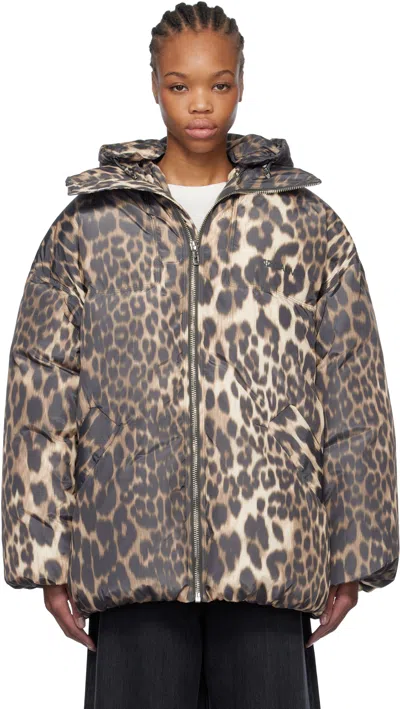 GANNI BEIGE & BROWN LEOPARD MIDI DOWN JACKET