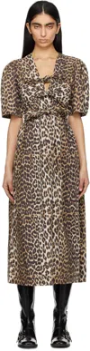 Ganni Belted Bow-embellished Leopard-print Cotton-poplin Midi Dress In Green