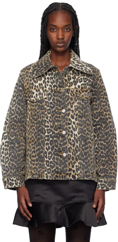 Ganni Leopard Print Denim Jacket In Multicolor