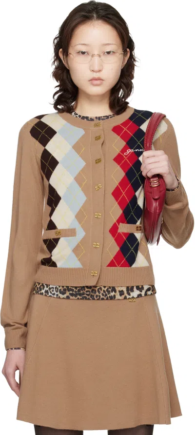 Ganni ベージュ アーガイルプリント カーディガン In Brown