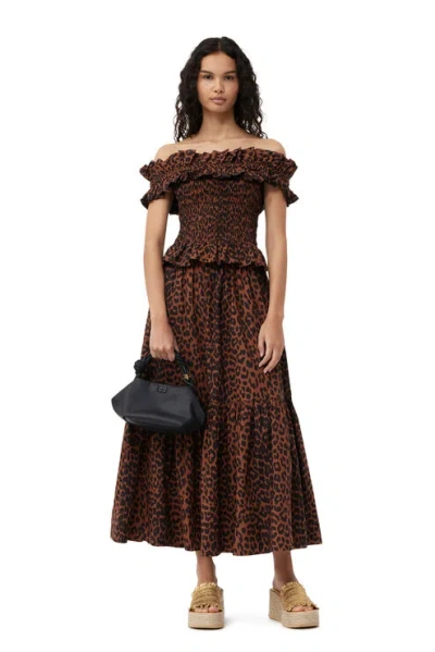Ganni Cottonpoplin Maxi Flounce Skirt In Brown