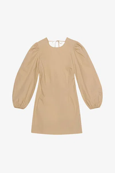 Ganni Beige Cotton Poplin Open Back Mini Dress - Size 10/12 Organic In Sand