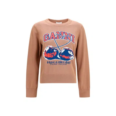 Ganni Beige Cotton Sweatshirt In Brown