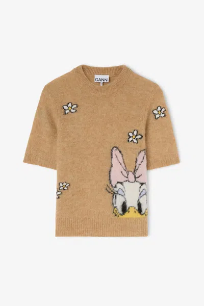 Ganni Beige Daisy Duck Short Sleeve Jumper In Brown