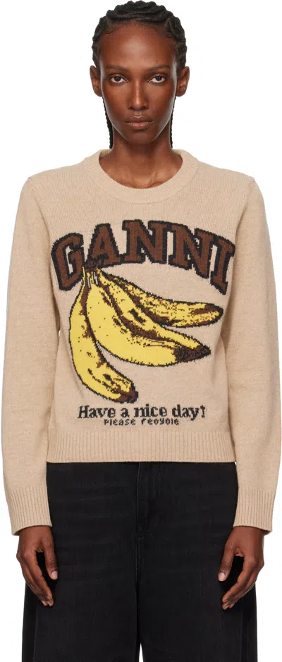 Ganni Beige Graphic Wool Sweater In Brown