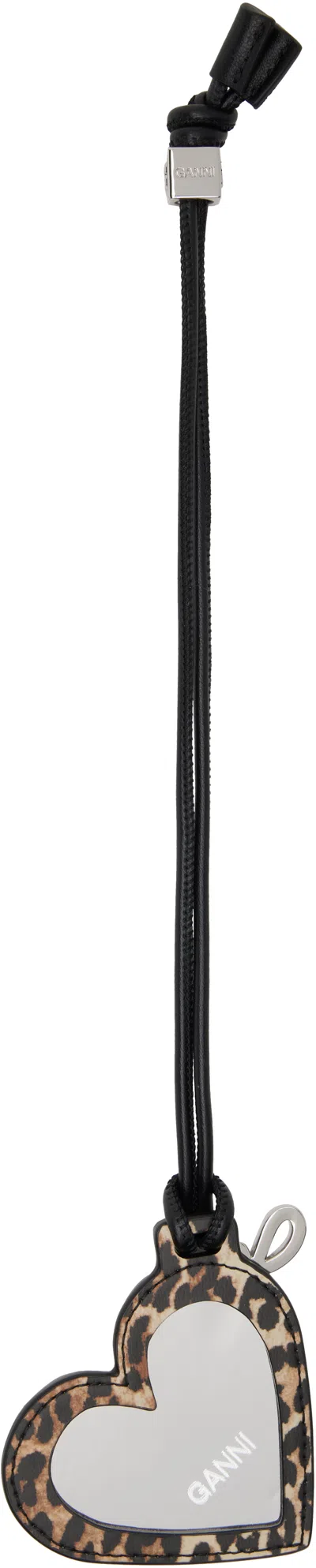 Ganni Beige Leopard Print Bou Heart Mirror Keychain In Brown