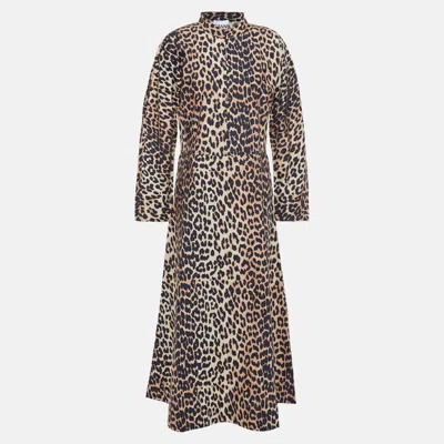 Pre-owned Ganni Beige Leopard Print Cotton Midi Dress Xs (eu 34)