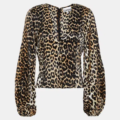 Pre-owned Ganni Beige Leopard Print Silk Long Sleeve Top M (eu 36)