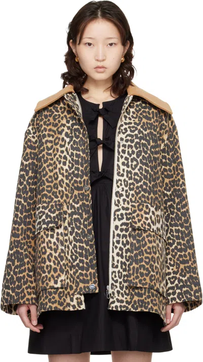 Ganni ブラウン レオパード プリント キャンバス ミディ ジャケット In Animal Print