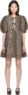 Ganni Brown Leopard Printed Cotton Tie String Minidress In Animal Print