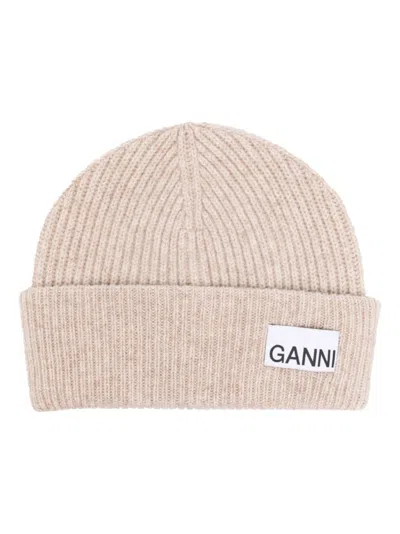 Ganni Beige Logo-patch Ribbed Beanie