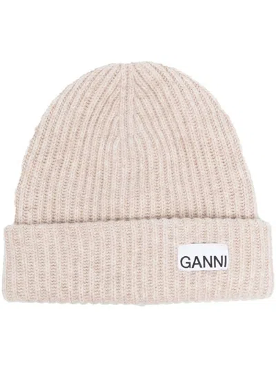 GANNI BEIGE LOGO WOOL BEANIE