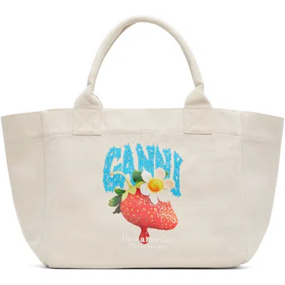 Ganni Beige Medium Trapeze Shopper Strawberry Print Tote In White