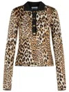 Ganni Multicolor Polo Shirt With Jewel Buttons And All-over Leopard Print In Cotton Woman In Beige