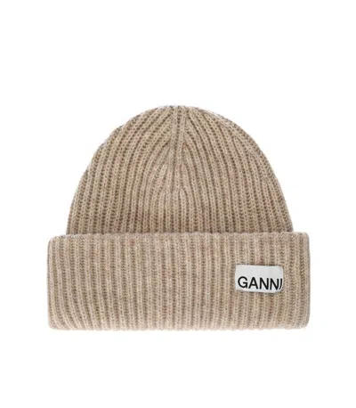 Ganni Beige Oversize Ribbed Beanie In Sand