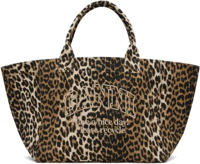 Ganni 'xxl' Brown Tote Bag With Logo Embroidery And Leopard Print In Recycled Cotton Woman