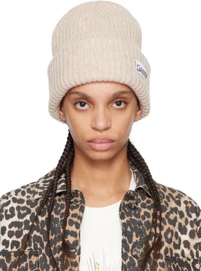 Ganni Beige Oversized Wool Rib Knit Beanie In 196 Brazilian Sand