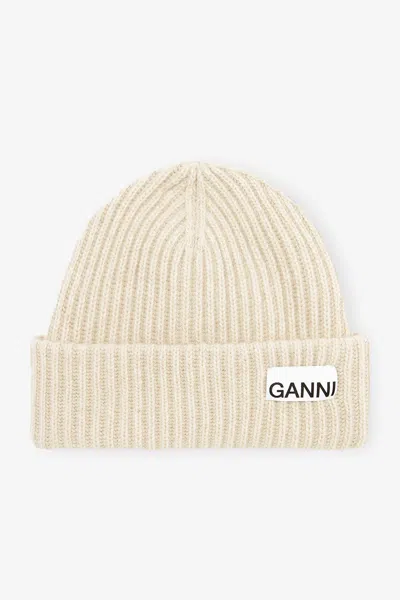 Ganni Beige Oversized Wool Rib Knit Beanie In Sand
