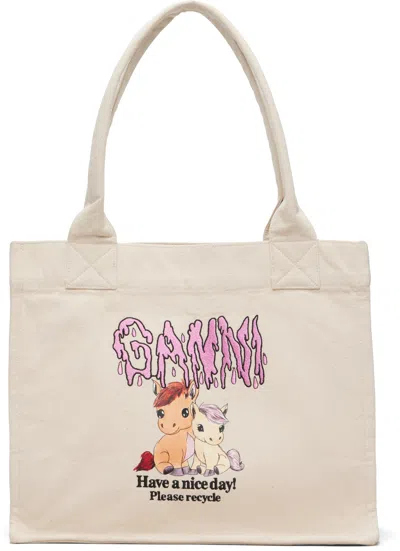 Ganni Beige Pony Printed Large Tote