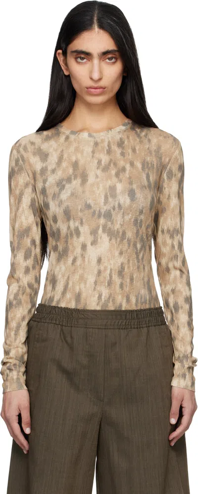Ganni Beige Printed Marl Mesh Long-sleeve T-shirt In Neutral