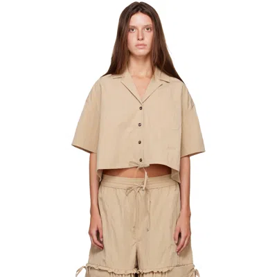 Ganni Beige Washed Cotton Cropped Bowling Shirt In Brown
