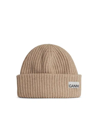 Ganni Beige Wool Beanie In Sand