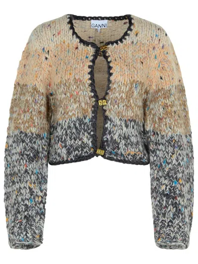 Ganni Beige Wool Blend Cardigan In Paloma Melange