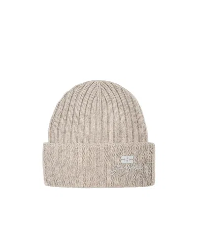 Ganni Beige Wool Knit Beanie In Gray