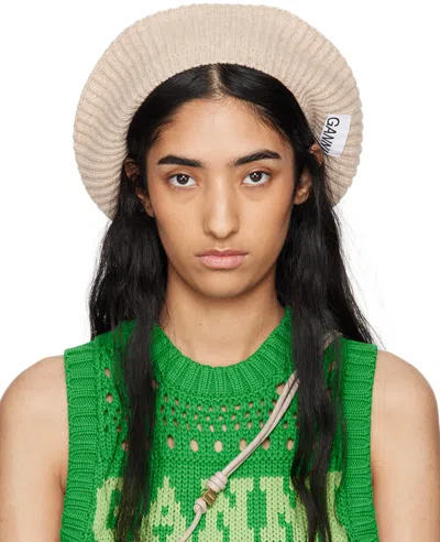 Ganni Beige Wool Rib Knit Beret In 196 Brazilian Sand