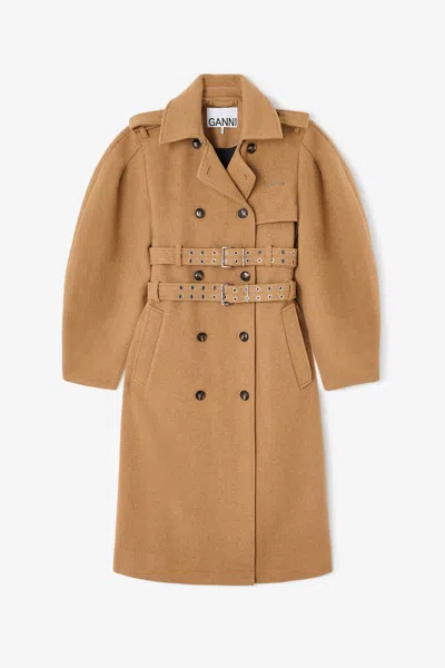 Ganni Beige Wool Trench Coat In Nude
