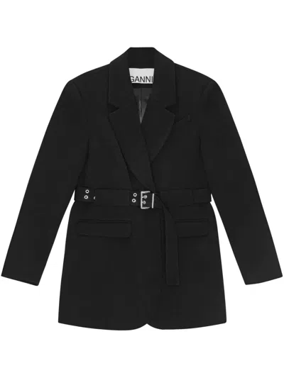 Ganni Tailored Blazer Belted Waist Double Breasted In Black