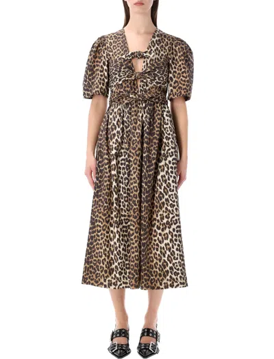 Ganni Belted Bow-embellished Leopard-print Cotton-poplin Midi Dress In Brown
