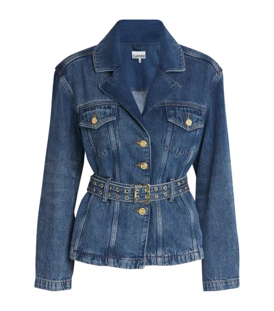 Ganni Belted Denim Jacket In Blue