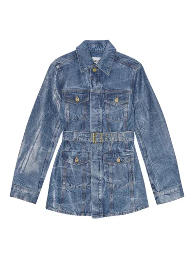 Ganni Belted Long-sleeve Denim Jacket In Blue