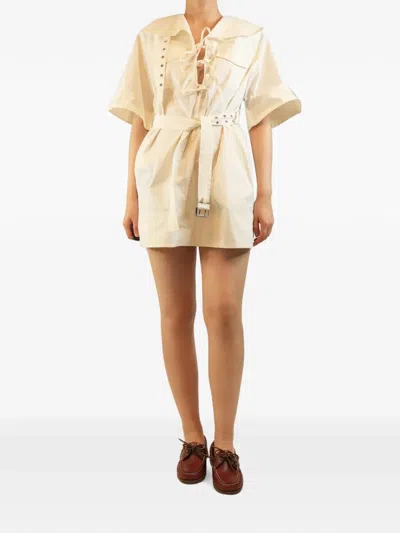 Pre-owned Ganni Belted Mini Day Dress In Neutral