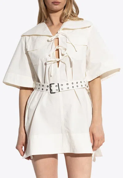 Ganni Belted Mini Dress In White