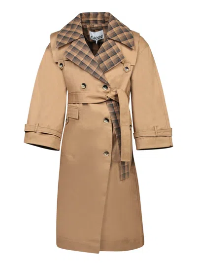 Ganni Checkered-lapel Belted Trench Coat In Brown