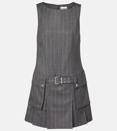Ganni Belted Pinstripe Minidress In Gray