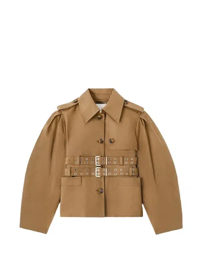 Ganni Belted Puff-sleeve Jacket In Brown