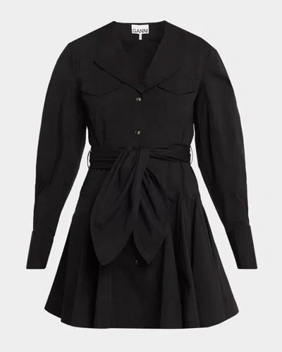 Ganni Belted Stretch Cotton Mini Dress In Black