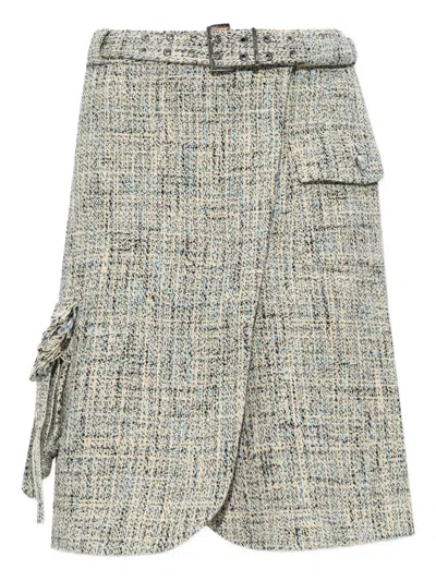 Ganni Belted Tweed Mini Skirt In Gray