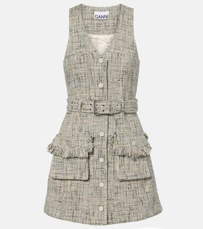 Ganni Belted Tweed Minidress In Gray