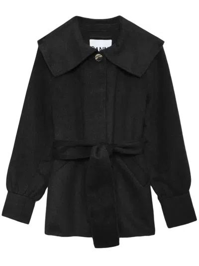 Ganni Belted-waist Wool-blend Jacket In Black