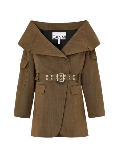 Ganni Belted Wide-collar Jacket In Brown