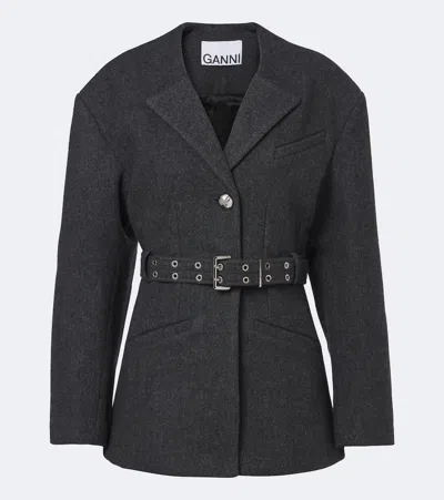 Ganni Belted Wool And Cashmere-blend Blazer In Gray