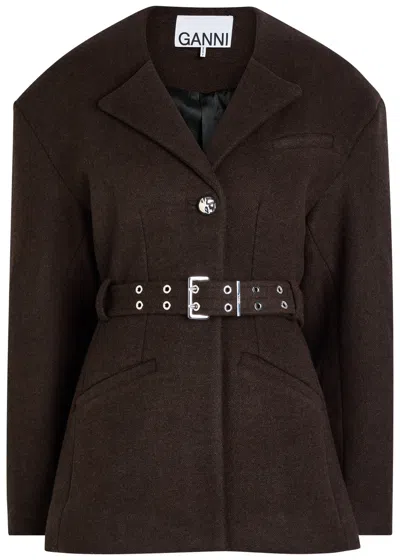 Ganni Belted Wool-blend Peacoat Jacket In Brown